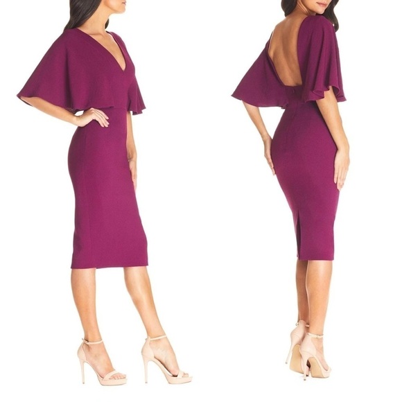 NWT Dress The Population Louisa‎ Butterfly Sleeve Cocktail Dress in Dark Magenta - Picture 1 of 12